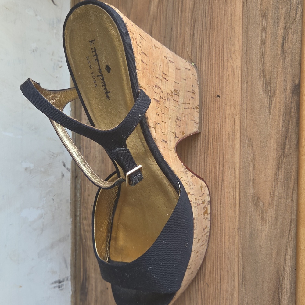 kate spade Black Fabric Cork Platform Slingback Heels